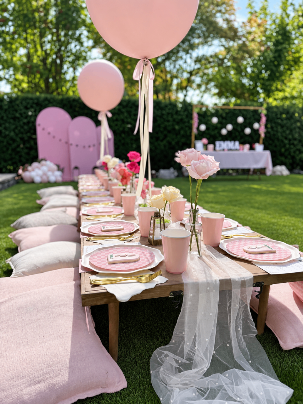 Tablescape with tulle runner, gold cutlery and checkered plates