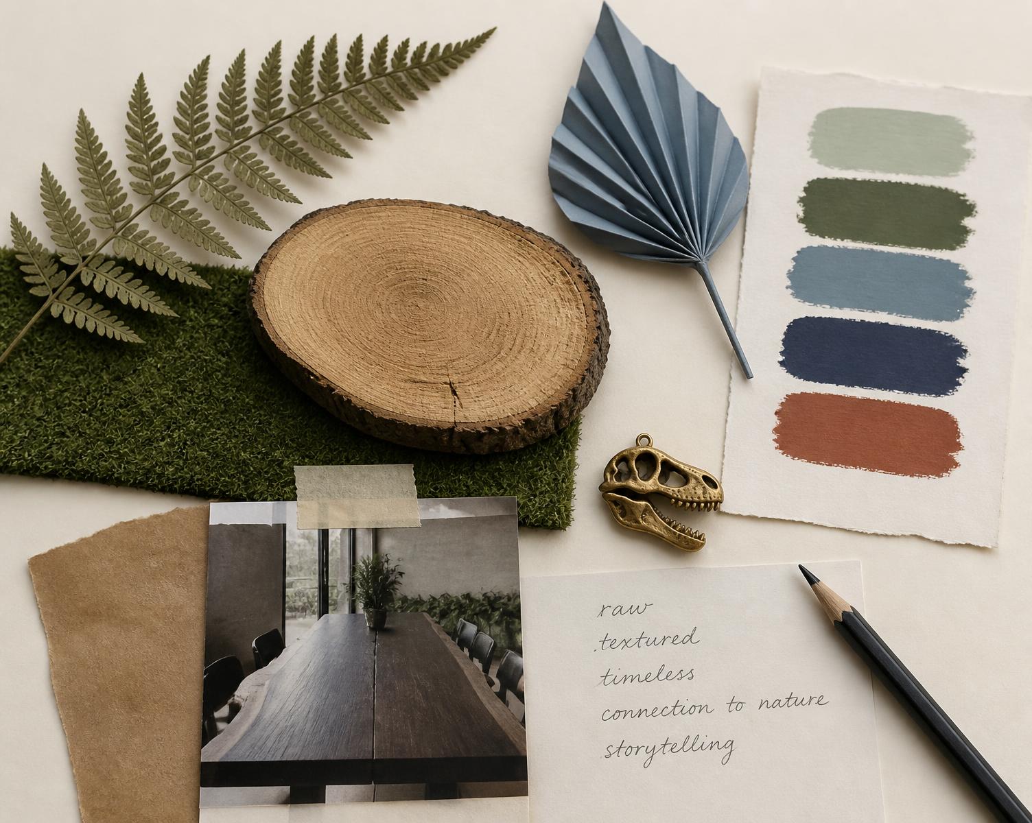 Dinosaur Party — materials and colour board