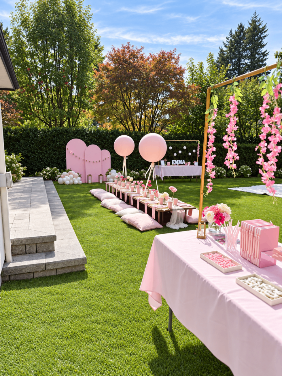 Pink canopy draped in flowers with stacked notebooks on the lawn