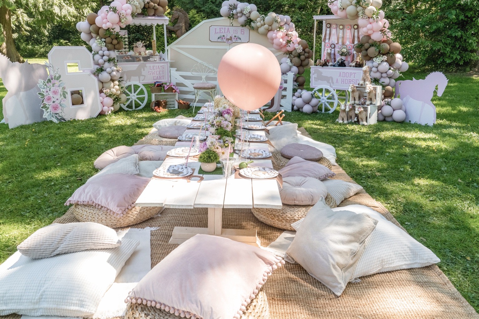 A low garden table set for a children's celebration
