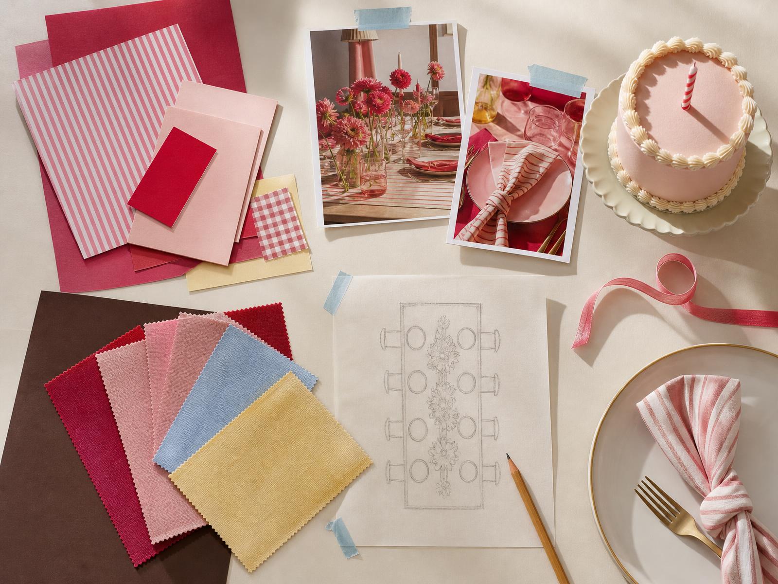 A creative director's worktable — raspberry and blush papers, stripe and check swatches, taped references, a pencil table plan and a pale pink cake