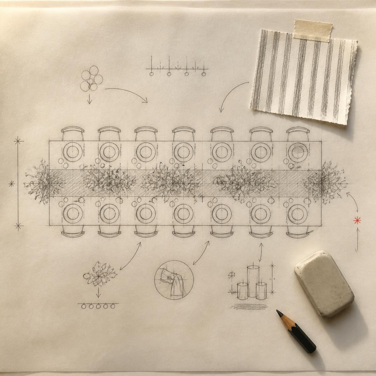 Pencil plan of a long table drawn on tracing paper