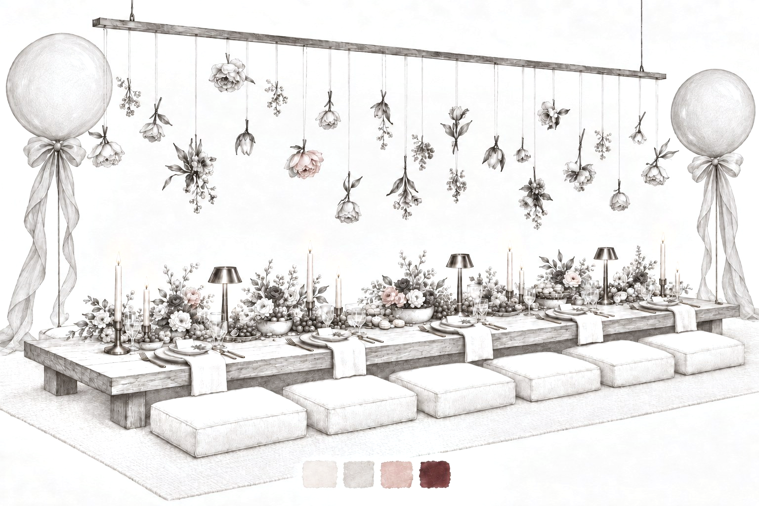 A graphite and watercolour drawing of a long communal table with suspended botanicals, low seating, lamps and a four-colour palette
